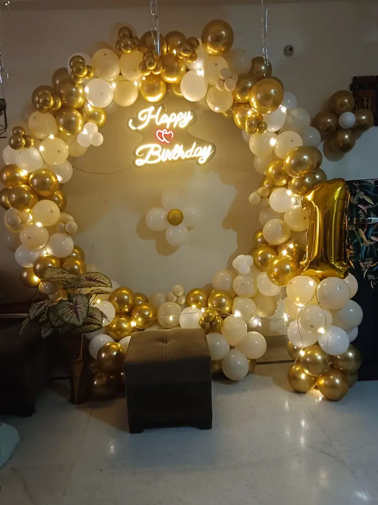 White & Gold Neon Ring — kids birthday balloon decoration, ₹3,499